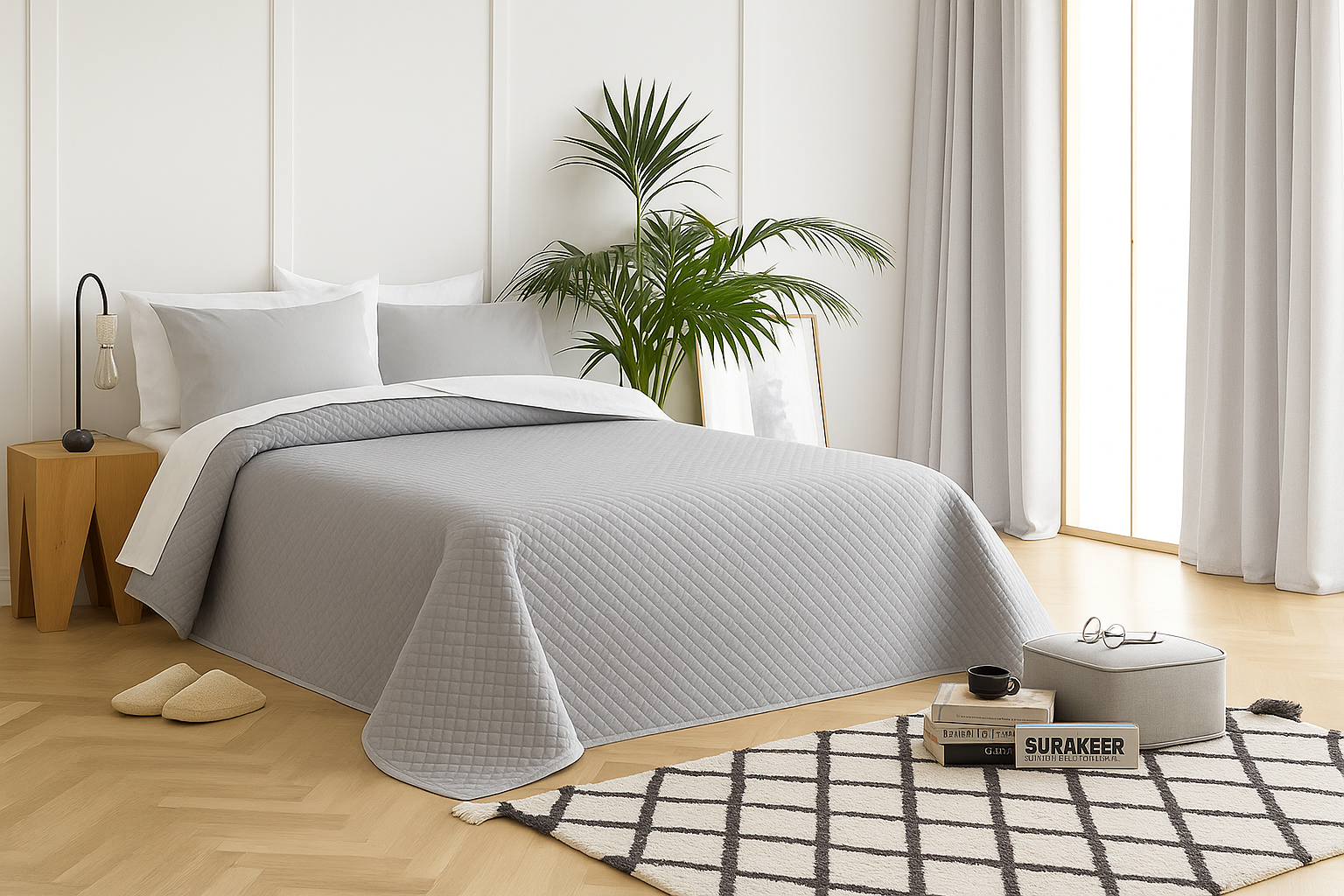 luxury quilted silver grey bedspread. Soft, lightweight, perfect blend of comfort and style for all seasons.